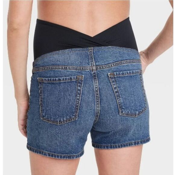 Isabel Maternity Women's Sz 14 Over Belly Midi Blue Jean Shorts Distressed Denim - Picture 3 of 9